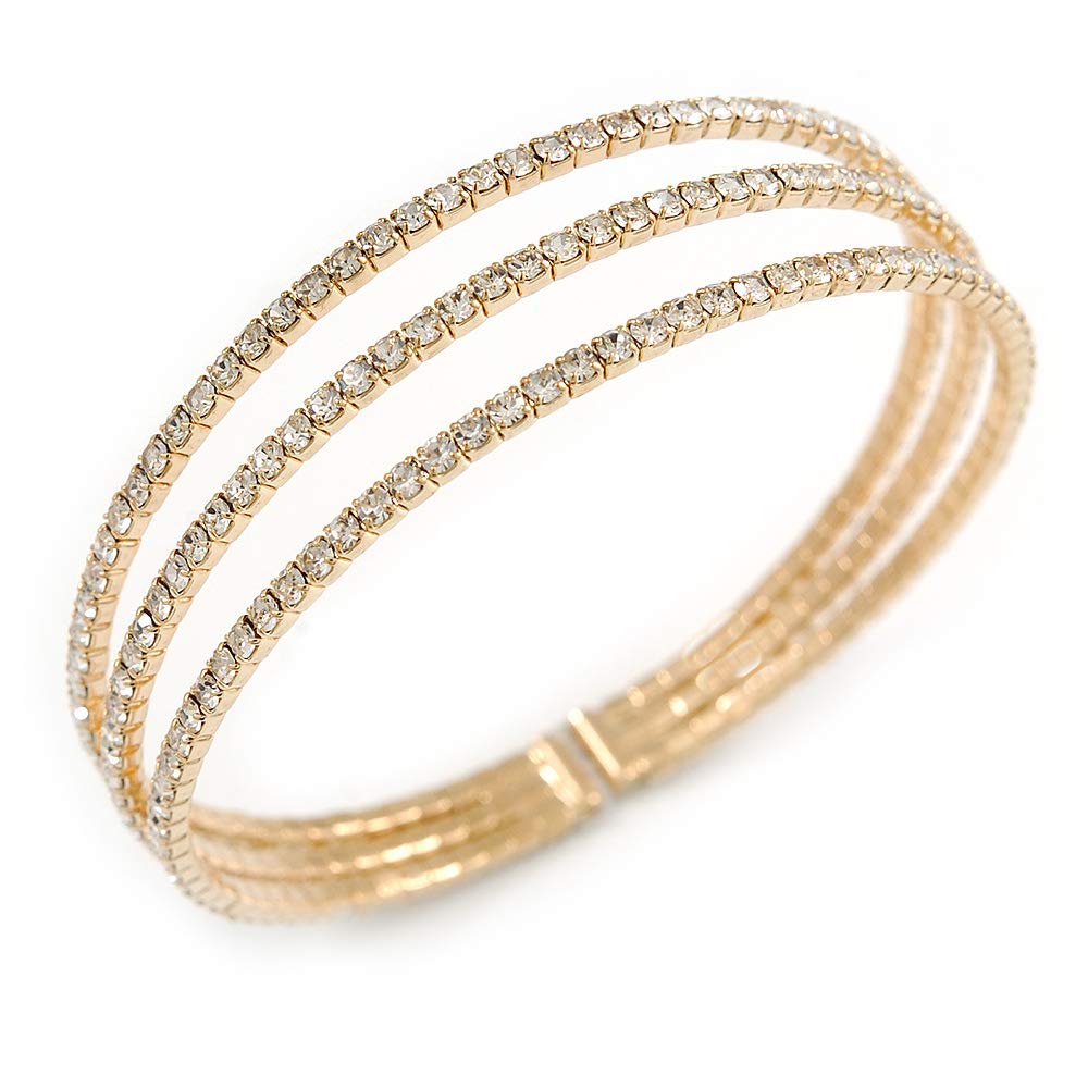 Bracelet manchette ajustable a 3 rangees de cristaux eclatants et dore