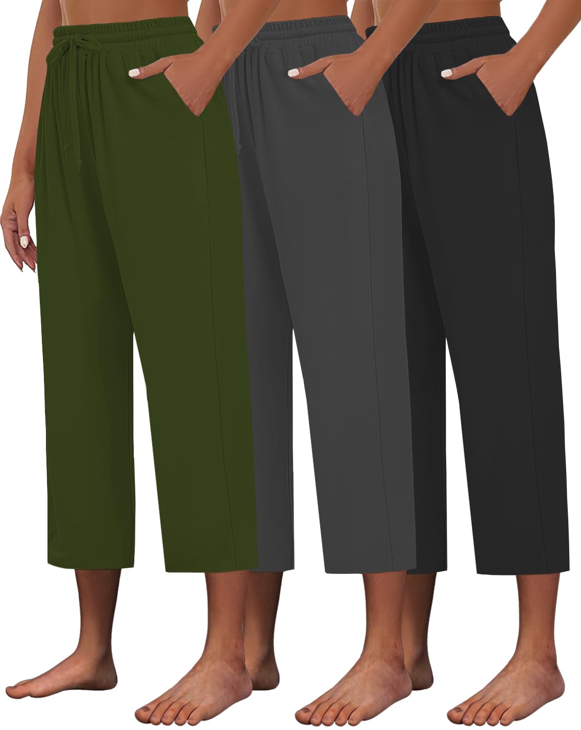 Kivdol 3 PACK Womens Capri Pants Loose Yoga Pants Wide Leg Drawstring Comfy Lounge Pajama Capris Loose Sweatpants with Pocket
