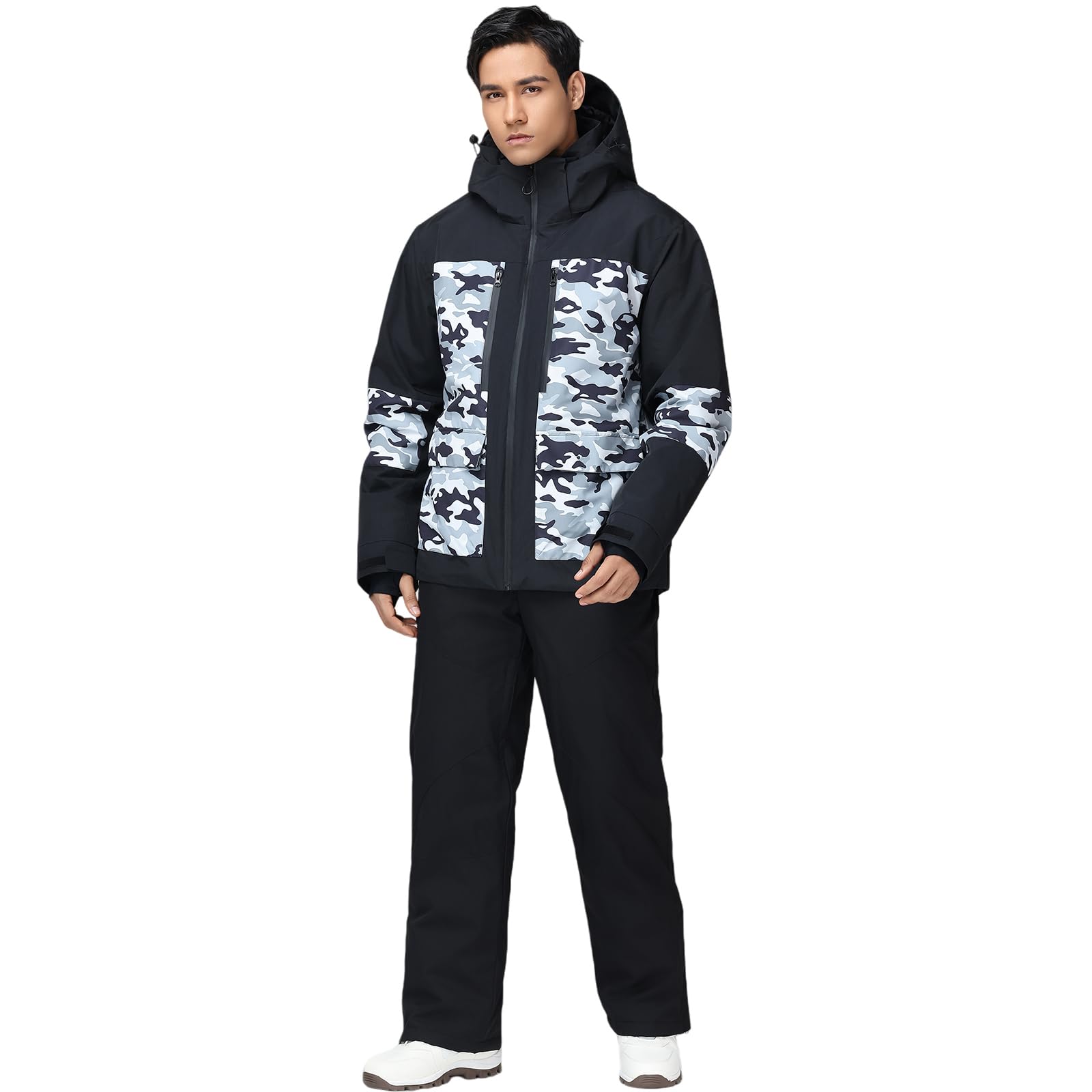 HOUZONIY Traje de nieve para hombre, chaqueta de esquí y pantalones de esquí, juego de dos piezas, ropa de esquí al aire libre, resistente al viento, traje de esquí con capucha para esquiar, snowboard
