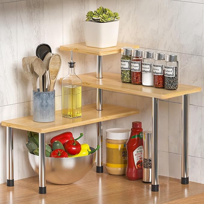 Abja Novelties Kitchen Counter Top Organizer, Shelf Rack for Kitchen Storage, Wooden Corner Shelf, 3 Tier Spice, Oil Stand, Tabletop Adjustable Rack for Makeup, Office (Golden Brown, 3 Tier)