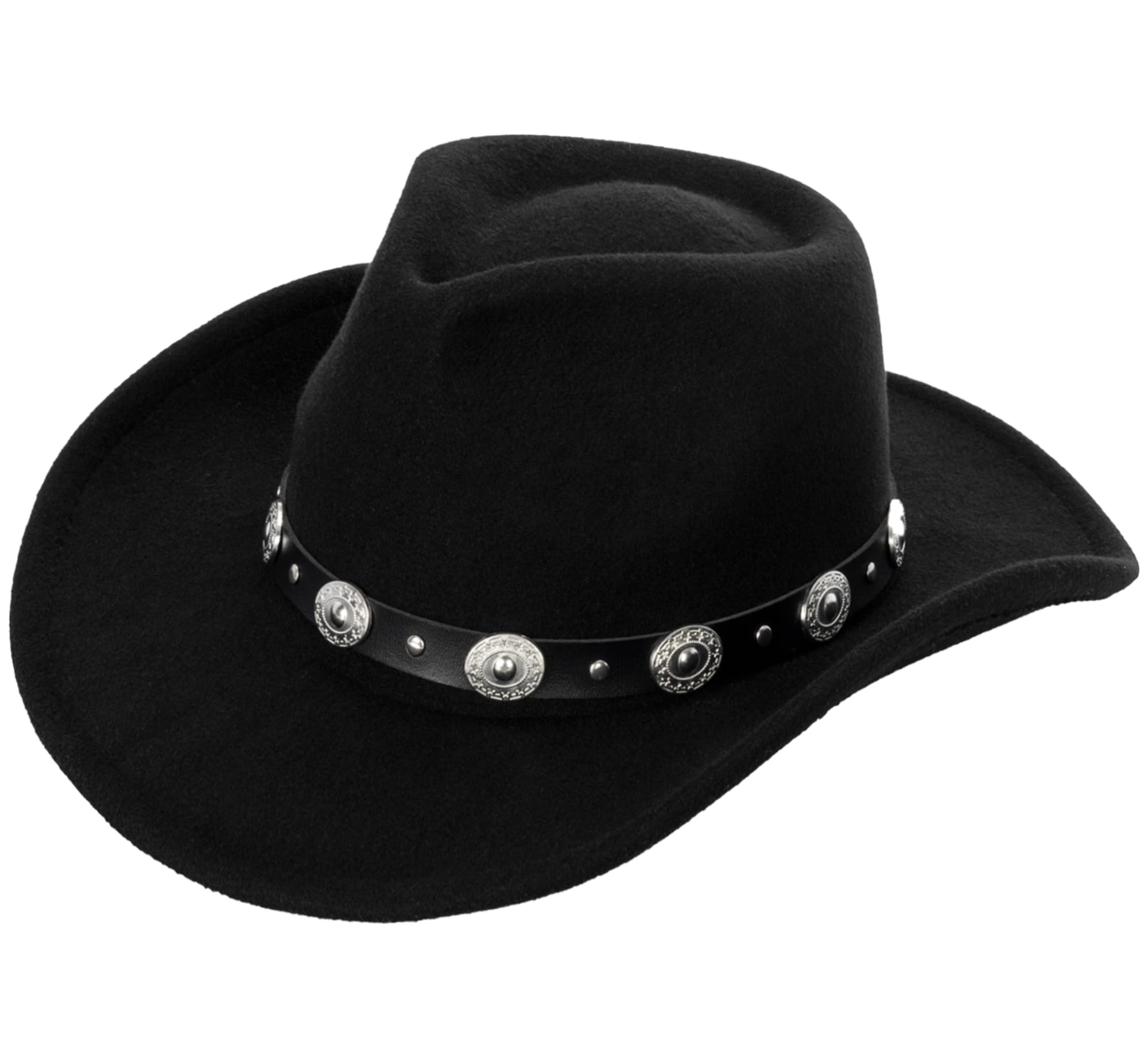 Cappello da cowboy occidentale classico per donne e uomini arrotolabile a tesa larga in feltro Fedora cappelli da cowgirl con fibbia per cintura, nero, M