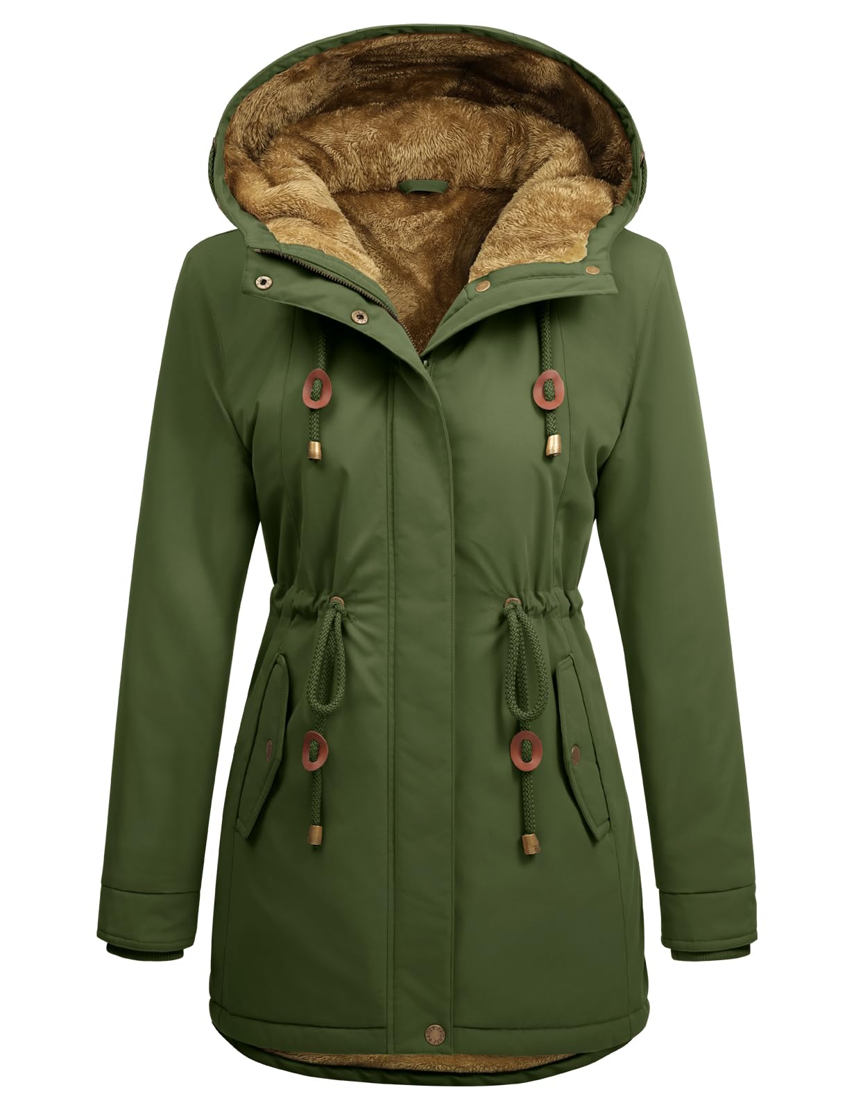 Vancavoo Abrigo Mujer Invierno Parka con Forro Polar Grueso | Parka con Capucha, Cintura Ajustable, Puños de Canalé, Bolsillos Oblicuos, Cremallera y Botones a Presión
