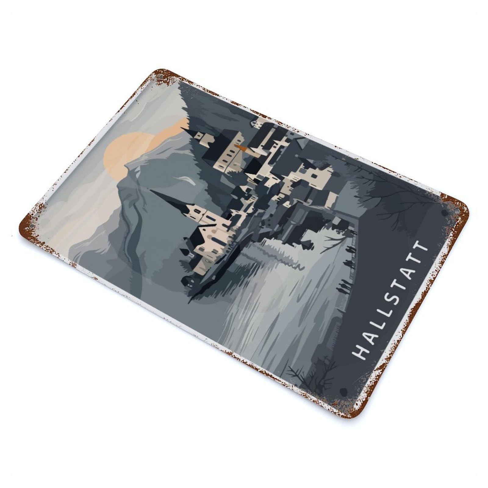 Hallstatt Village Illustration Vintage Rust Metal Sign 11.8"x7.9", Farmhouse Wall Decor for Garage, Pub Or Kitchen