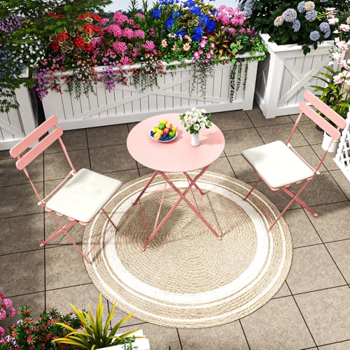 3-Piece Patio Bistro Set Outdoor Furniture Set Folding Bistro Table and Chairs with Premium Steel Frame Weather Resistant Conversation Set for Bistro Balcony Porch Yard Garden(pink with cushion)