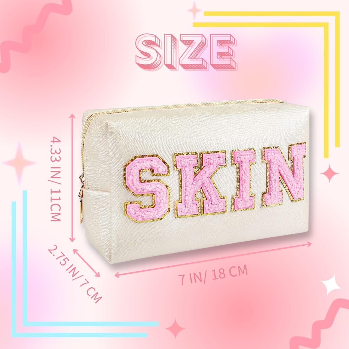 Chenille Letter Patch Cosmetic Bag - Portable, Waterproof Makeup Organizer for Teenage Girls, Creamy White - Image 2