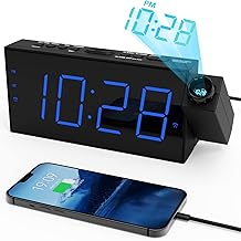 Projection Alarm Clock, Digital Clock with USB Phone Charging,180°Projector Clock,5-Level Dimmer,12/24H,DST,9mins Snooze,Dual Digital Alarm Clocks on Ceiling Wall for Kids,Senior,Heavy Sleepers