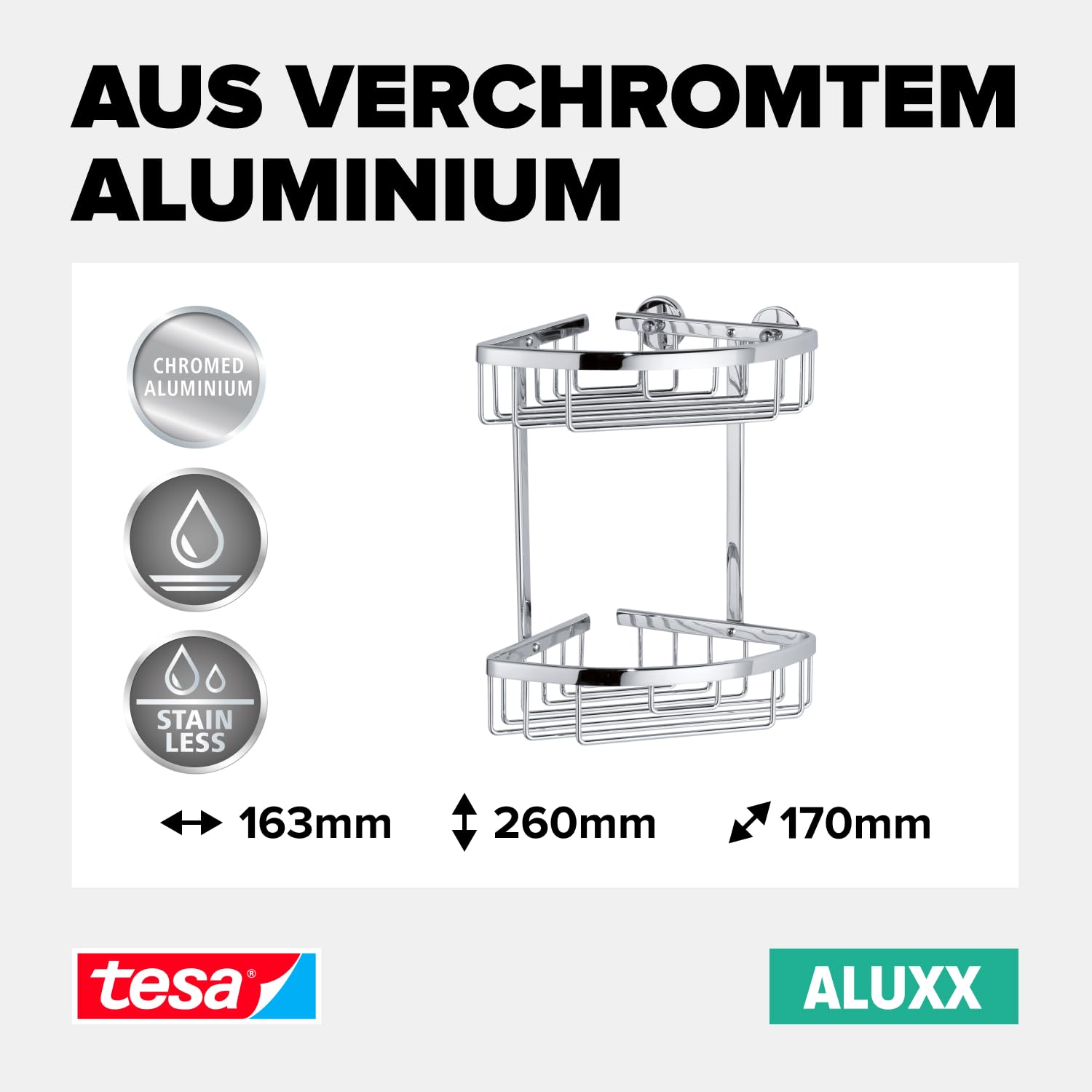Tesa Cestino Portaoggetti Doccia Largo Aluxx, Alluminio Cromato Lucido, Autoadesivo, Tecnologia Adesiva di Montaggio, 92mm x 450mm x 125mm