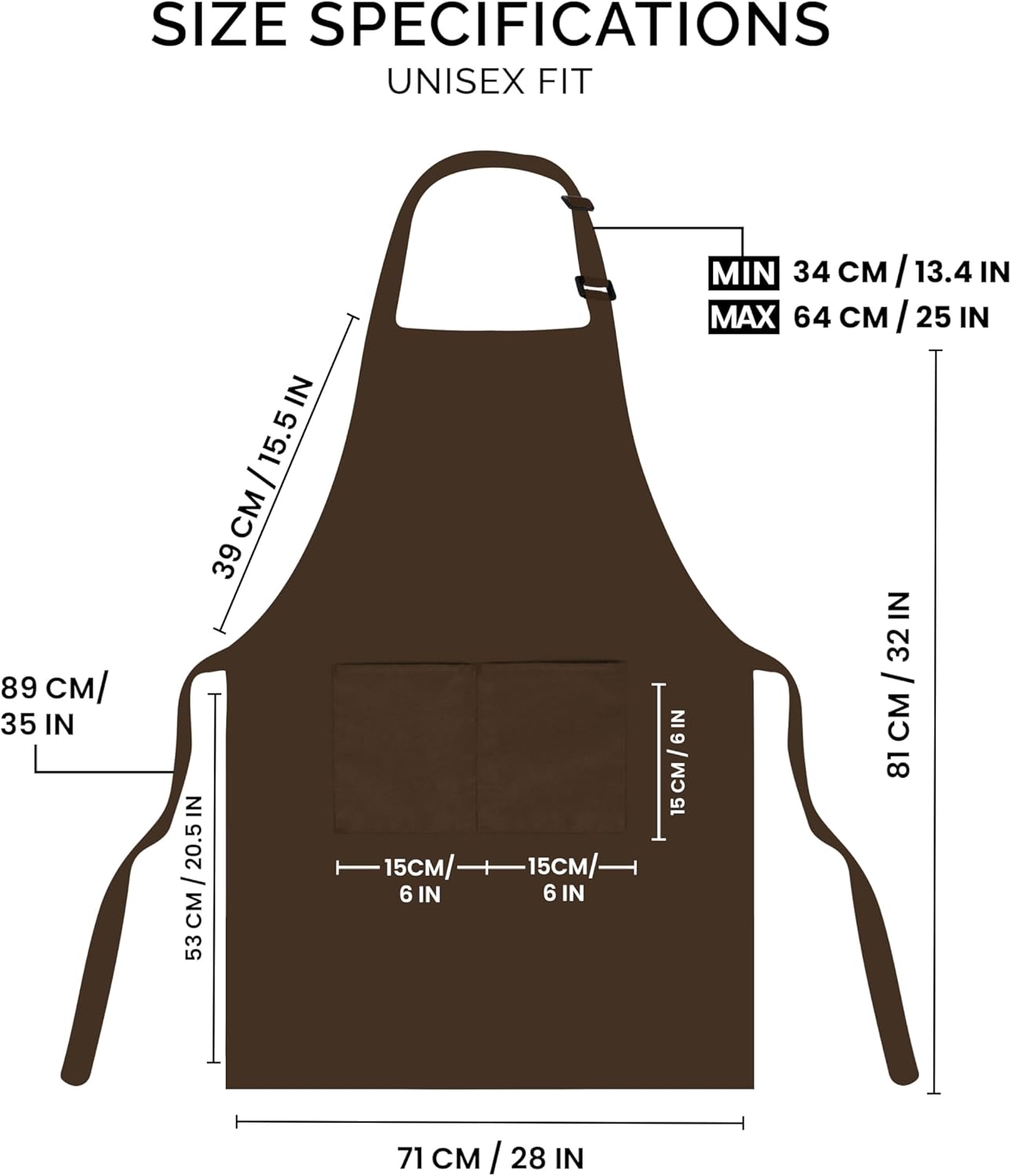Brown Polyester Adjustable Bib Aprons with Pockets, Set of 2