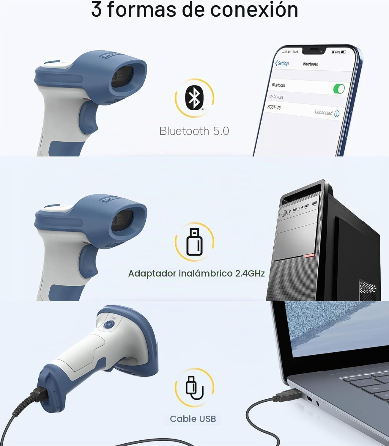 Inateck Escáner de código de Barras inalámbrico 1D 2D, conexión Bluetooth 5.0 y 2.4Ghz, USB 3 en 1, Soporte de Lectura de códigos de Barras en Pantalla, BCST-73
