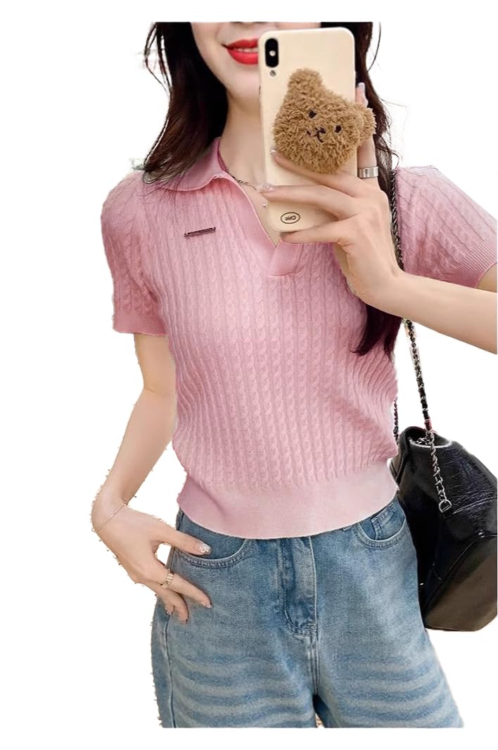 icw Women's Knitted Ribbed Self-Design Short Sleeve Polo Neck Collar Crop Top T-Shirt DN1200-picture-15