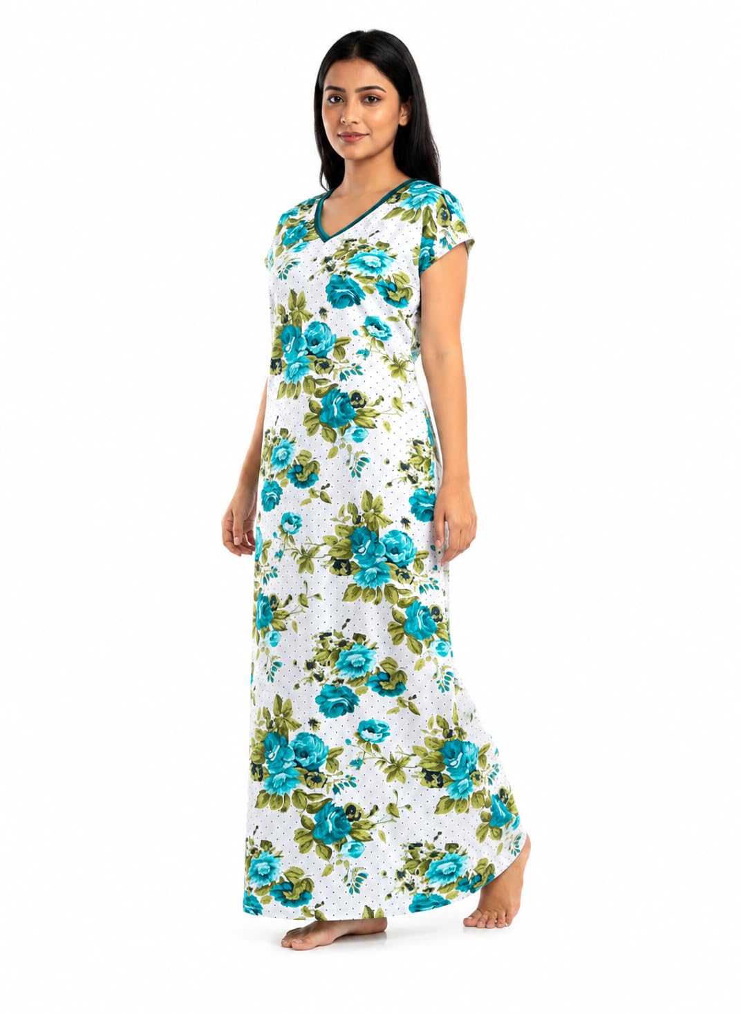 Women's Floral Print Maxi Nighty | Leaf Print | Short Sleeve | V-Neck | Full Length Night Dress | Stretchable | Free Size Sleepwear Gowns for Women-picture-51