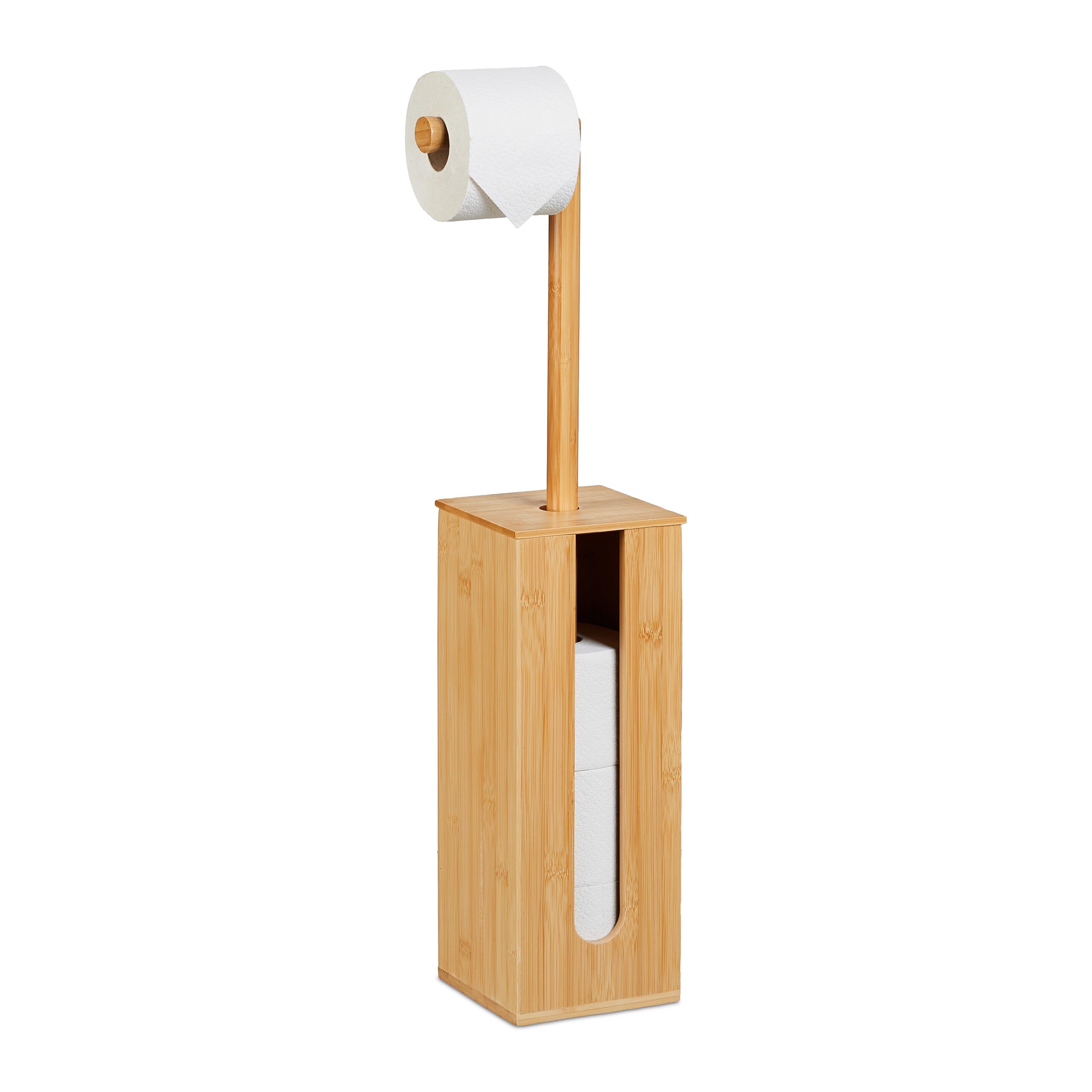 Relaxdays Toilet Paper Holder, for 5 Rolls, Freestanding Design, Bamboo, HxWxD: 72x20x15 cm, Bathroom Storage, Natural, Silicone