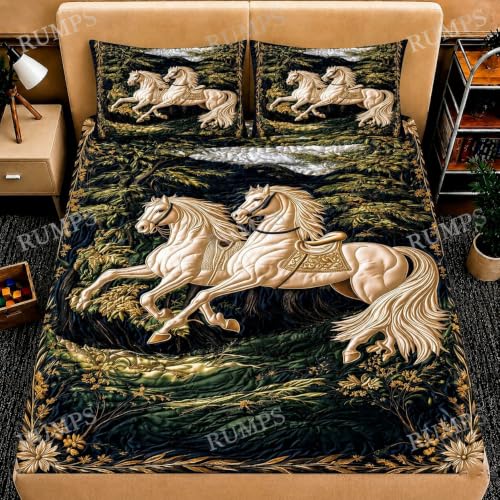Image of RUMPS 7D HD Digital Printed White Running Horse King Size Bedsheet with 2 Pillow Covers | Premium Nature Inspired Horse Designer Bedding Set | Luxury Bedroom Decor Collection | Size 90x100 Inches