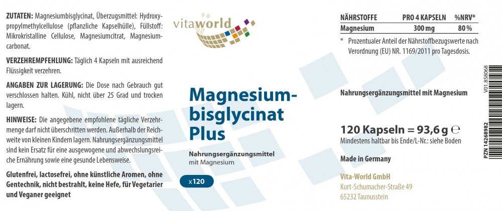 3er Pack Vita World Magnesiumbisglycinat Plus 3 x 120 Vegi Kapseln Apotheker-Herstellung
