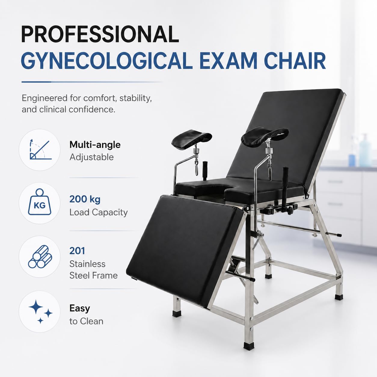 Gynäkologischer Stuhl, Edelstahl verstellbar, 200kg Tragfähigkeit | Für Kliniken und Praxen, Hygienisch Leicht zu Reinigen, Stabile Edelstahlkonstruktion, Ergonomische Polsterung