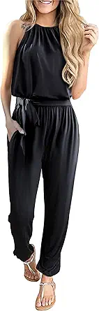 Byinns Women's Halter Neck One Piece Jumpsuit Sleeveless High Waist Belted Long Casual Summer Rompers