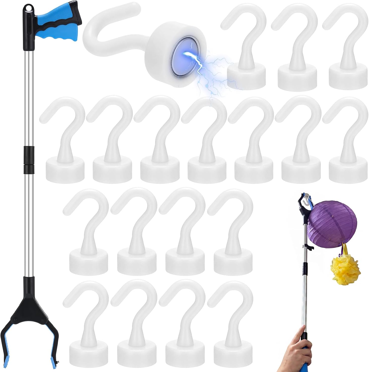 20 Pack Magnetic Drop Ceiling Hooks with 32" Grabber Reacher Tool for Classroom White Magnets Hooks for Hanging Decorations Classroom Office Home Wedding Suspended Drop Ceiling Tiles