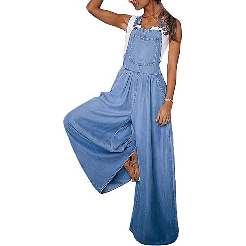 Jumppmile Women's Denim Overall Casual Stretch Adjustable Bib Jeans Wide Leg Jumpsuits