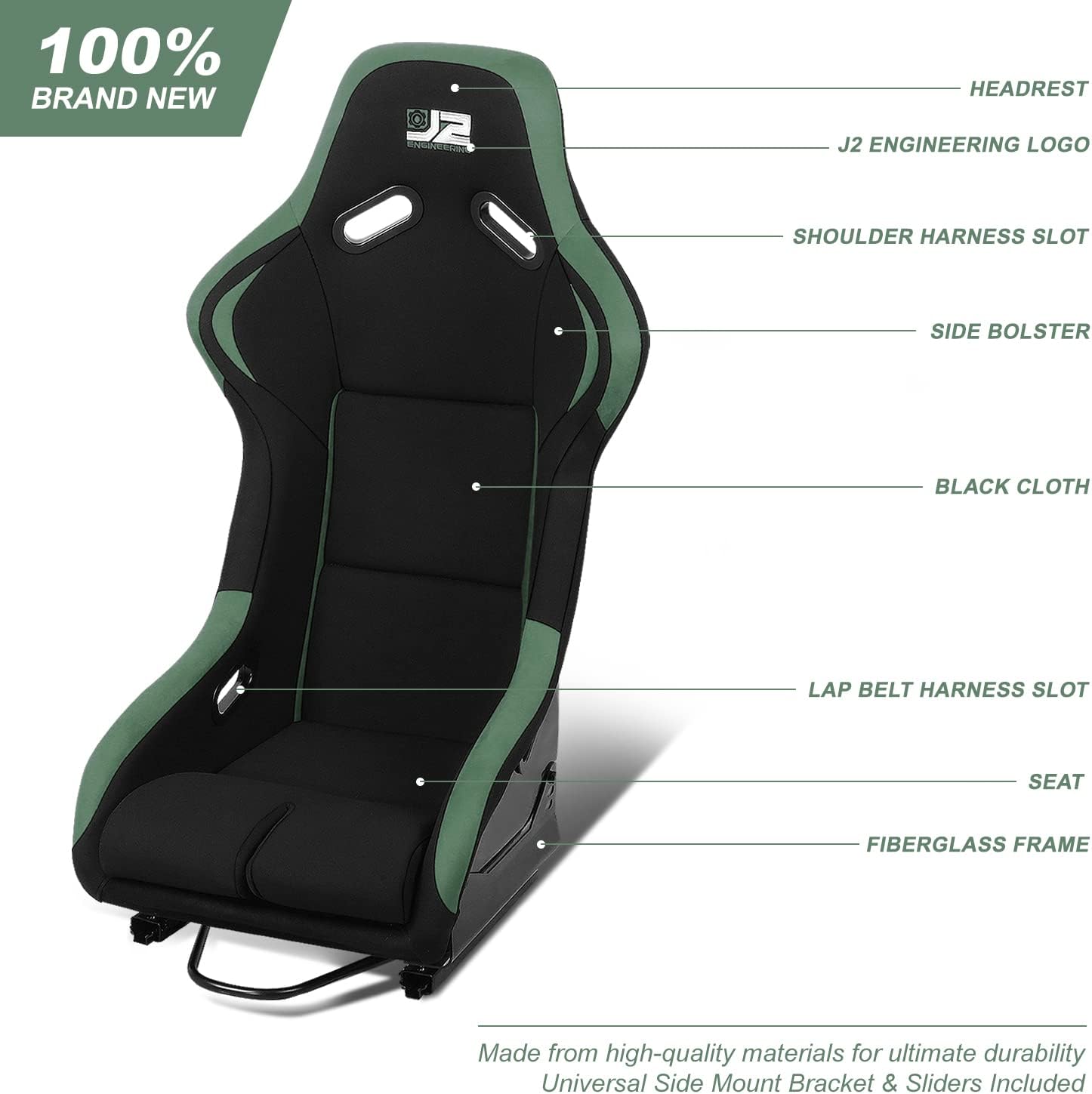 J2 Engineering Pair of Universal Fixed Position Bucket Racing Seat w/Side Mount Brackets & Sliders for 4 or 5 Point Harness, 23" W X 38" H X 20" D, Black/Green, J2-RS-001-GN