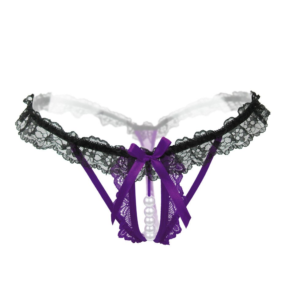 Women's Ruffle Lace Floral G-String Underwear Sexy Lingerie Lace G-String Pearl Beaded Bowknot Hollow Thongs Panties Purple - 