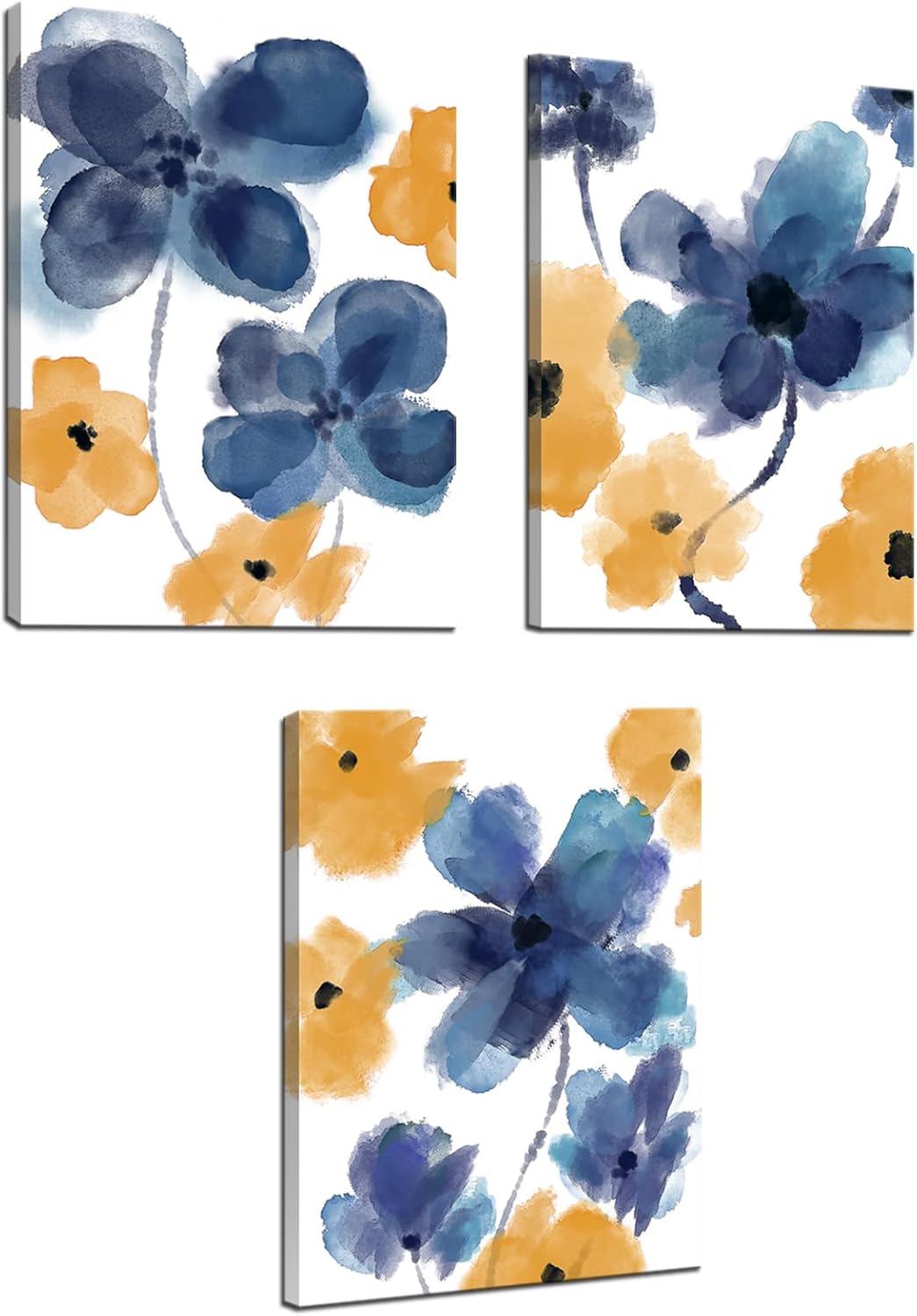 Biuteawal 3 Panels Abstract Flower Canvas Wall Art Blue and Yellow Floral Picture Bathroom Decor Watercolor Blooming Plant Painting Still Life Artwork Home Bathroom Living Room Decoration