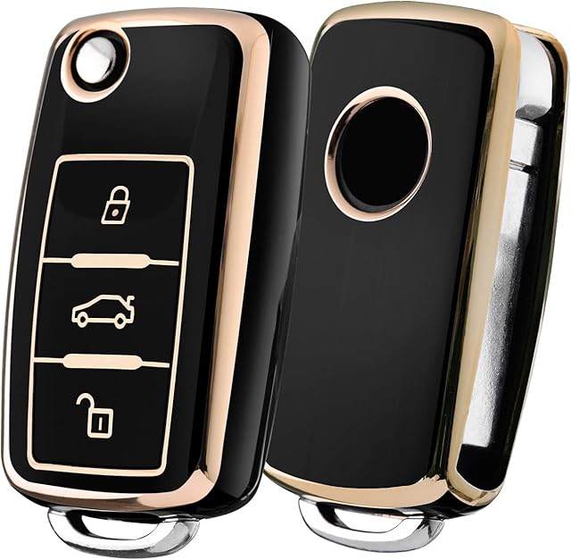 Car Key Cover for VW Golf 3 Key Box/Key Case Cover for VW Polo, Passat, Skoda, Seat, 3 Buttons (Black, Golden Edge)