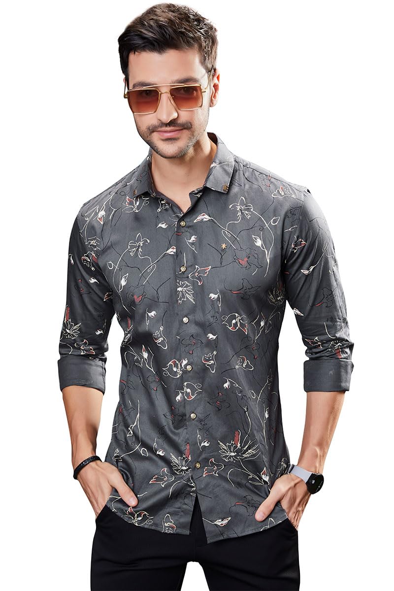 ALMATYFashion Shirt for Men | Stefano Grey Floral Print Shirt |Full Sleeves | Slim Fit | Perfect for Occasions, Party & Club Wear