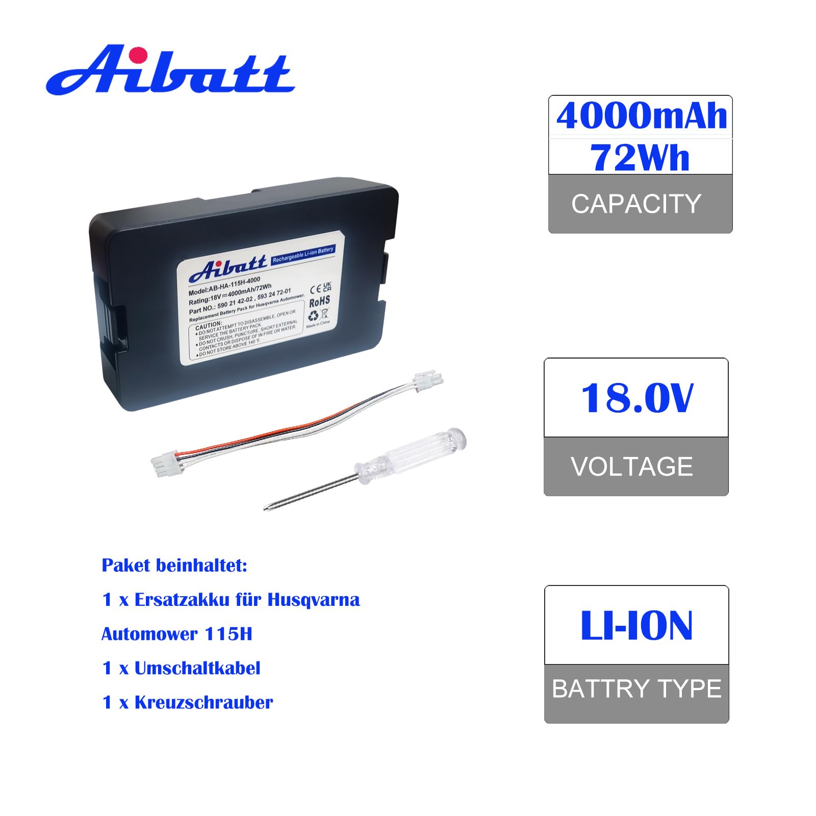 18V 4000mAh Mähroboter Ersatzakku für Husqvarna Automower 115H, Automower 305 2020, Automower 310 2020, Automower 520 2021, Automower 520 2022, Automower Limited Edition 2020, Gardena Sileno Life.