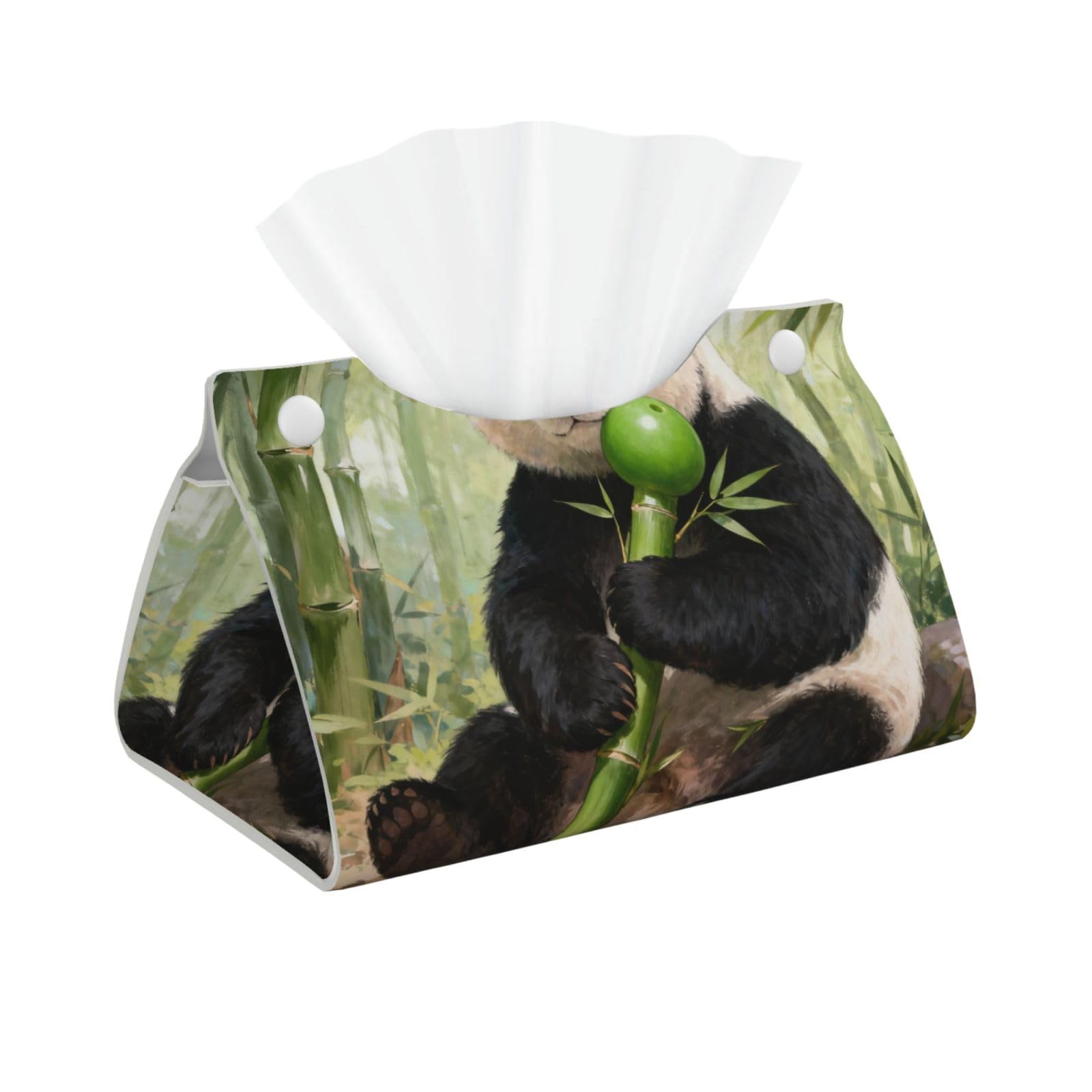 Panda Eat Bamboo Long Leather Tissue Box Cover-Waterproof PU Leather Tissue Holder for Bathroom, Decorative Rectangular Tissue Case