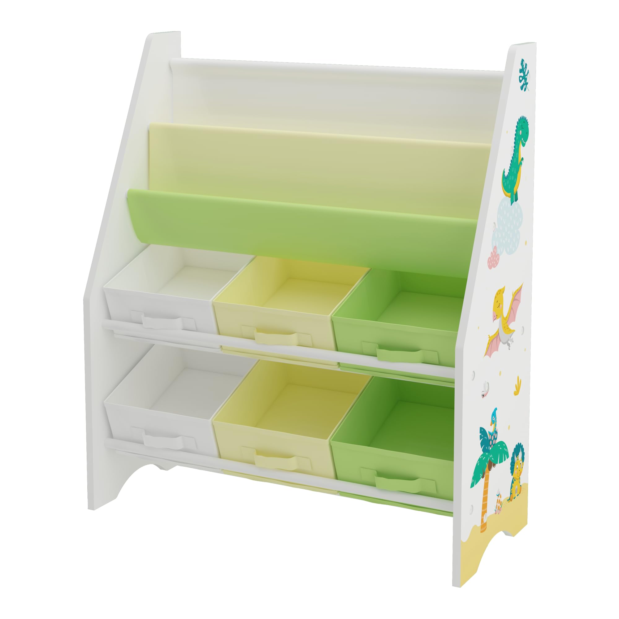 [en.casa] Estantería para Niños Organizador de Libros y Juguetes Motivo de Dinosaurio con 6 Cajas Aglomerado/Poliéster 74 x 62 x 27 cm Blanco y Verde/Amarillo
