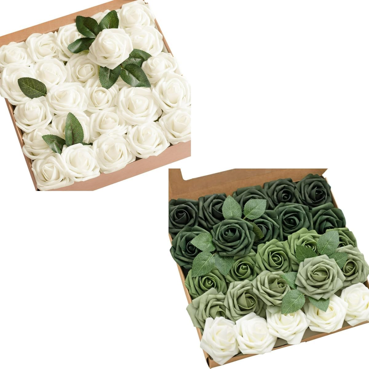 Ling's Moment Artificial Rose Ivory Flowers 50pcs Ivory Foam Roses, Artificial Flowers 3", 25pcs Shades of Green Flowers with Stem