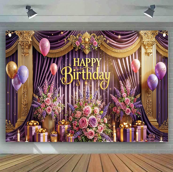 Happy Birthday Backdrop, Purple and Gold Theme with Floral Curtain Design, Party Decoration Banner, 300x200 cm-image-25
