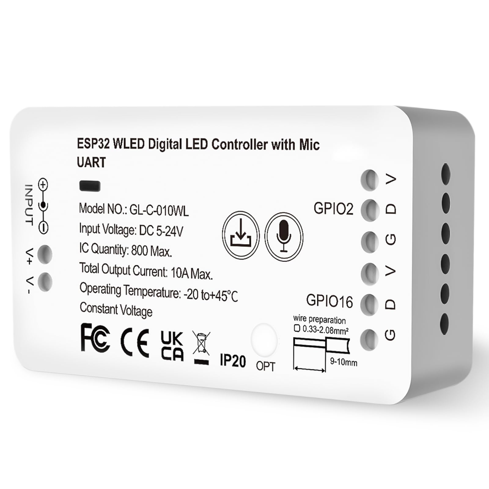Contrôleur WLED ESP32 avec microphone - Contrôleur numérique LED pour bandes LED RVB / RGBW addressables (WS2812B, WS2811, SK6812) - 5-24 V CC - Contrôle de la lumière DIY avec 100 effets