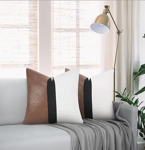 Miniatura 3 de JASEN Juego de 2 fundas de cojín lumbar de piel sintética y lino de 12 x 20 pulgadas, fundas de cojín rectangulares modernas de color blanco y negro