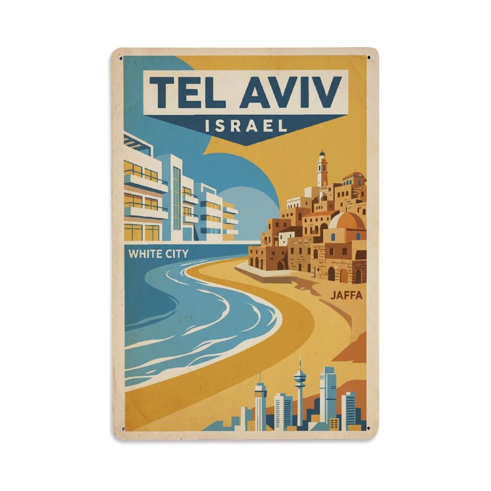 Travel Retro Israel Tel Aviv Metal Tin Sign Plaque Wall Decor for Cafe, Club Bar, Office, Garden Metal Poster 8x12Inch