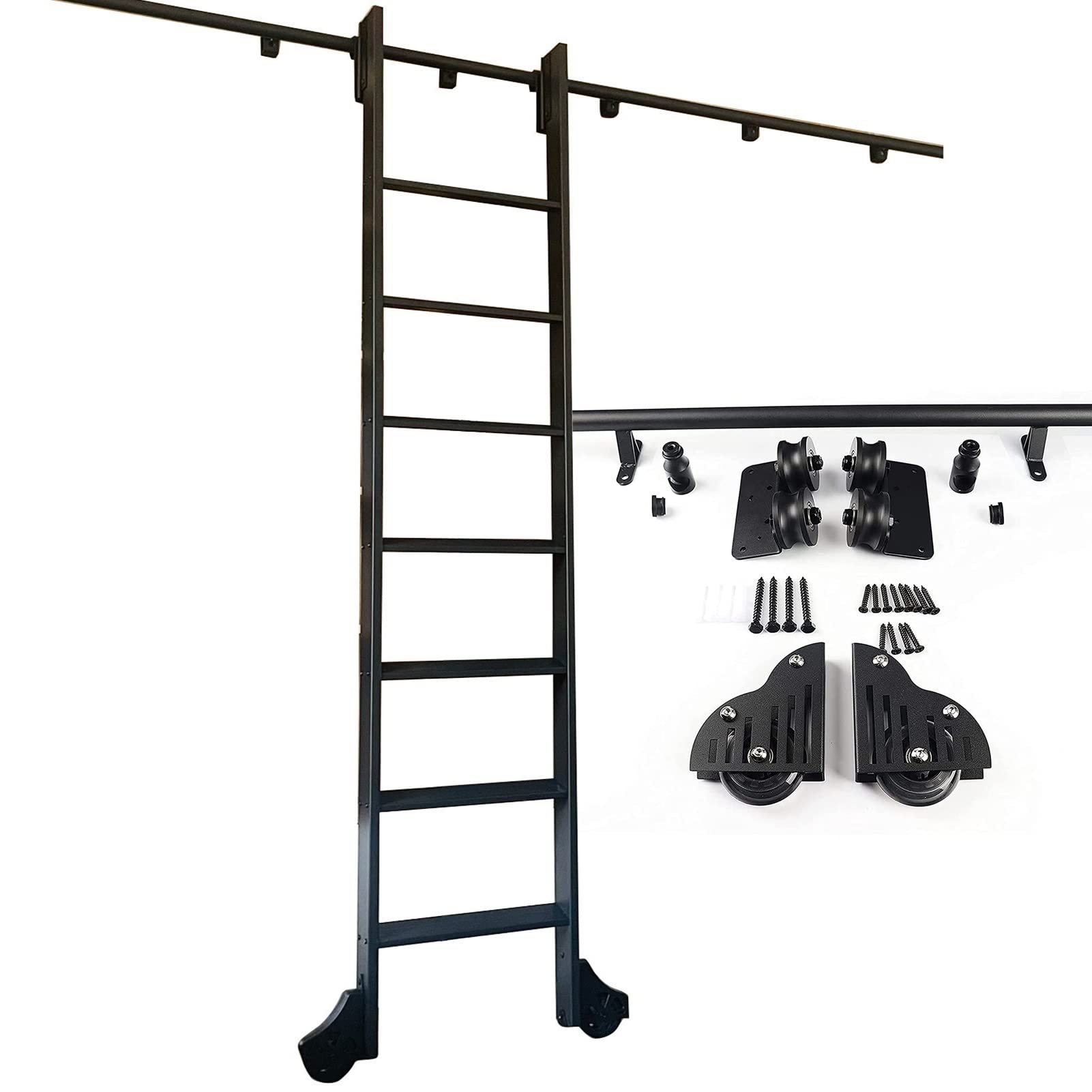 GHFXSCV 3.3ft-20ft Sliding Barn Door Hardware Kit, Rolling Ladder Hardware Library Sliding Ladder Hardware Kit，Black Steel Round Tube Mobile Ladder Track (Size : 6.6ft/200cm Track Kit)
