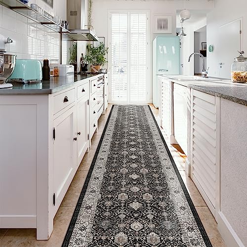Hallway Washable Runner Rug - 2'6x14 Kitchen Rugs Entryway Rug Runner Vintage Soft Floor Mat Non Slip Indoor Farmhouse Carpet for Bathroom Living Room Bedroom (2'6''x14', Black)