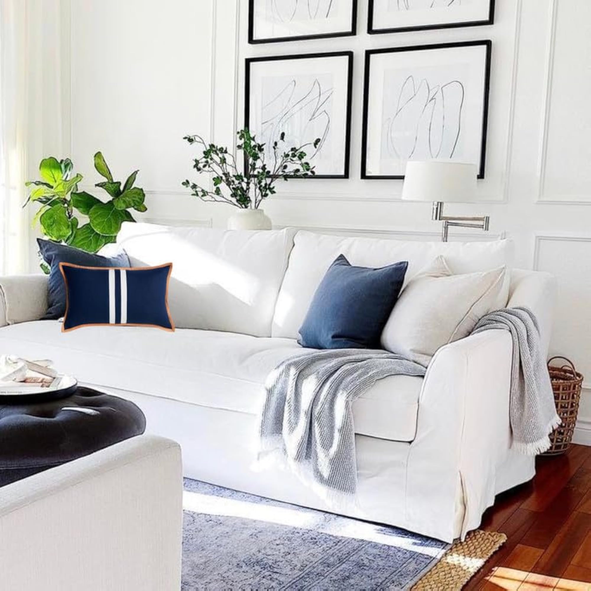 Navy Blue Cushion Cover with White Stripes & Leather Trim