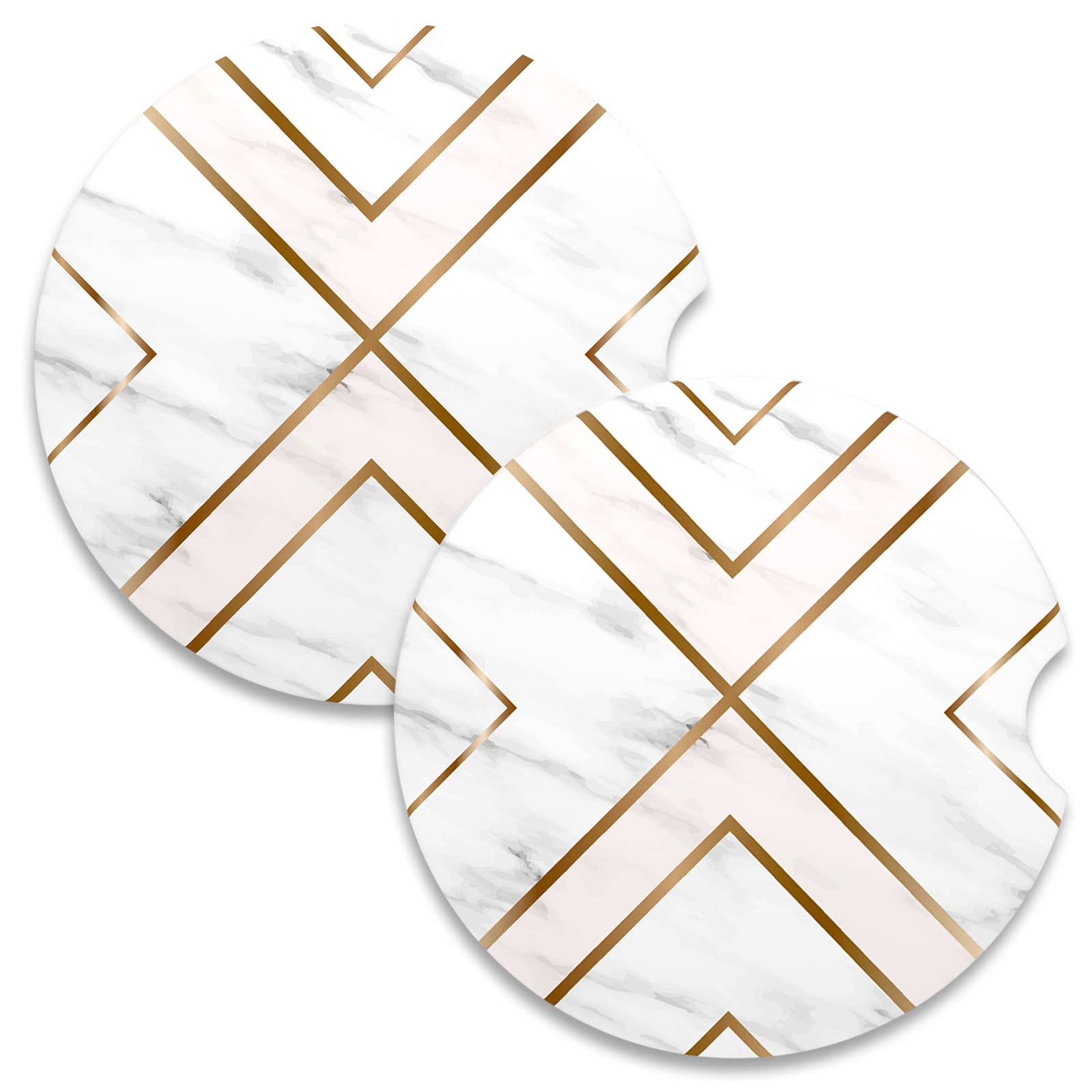 Vibiliyou Women's 005 A 2-Pack Of Absorbent Ceramic Car Coasters For Cup Holders,Designed With A White Gold Line,A Finger Notch And Cork Base,Serving As Cute Car Accessories For And Men