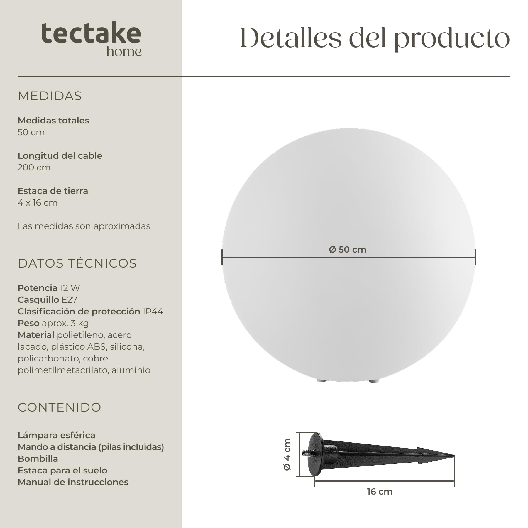 tectake® Bola de Led con Mando y Luz Nocturna Ø 50 x 50 cm, Luces Led Habitacion para Decoracion Hogar y Jardin, Luces Terraza, Iluminación Jardin, Lampara Exterior, Decoración Habitación