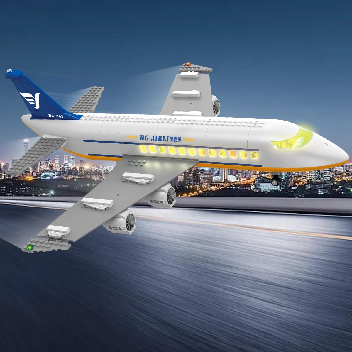 HOGOKIDS Juego de construcción de avión de pasajeros Urbano con luz LED, 901 Piezas de Bloques de construcción de avión con Terminal, Torre de Radar, Remolque de Equipaje, Regalos para niños Adultos