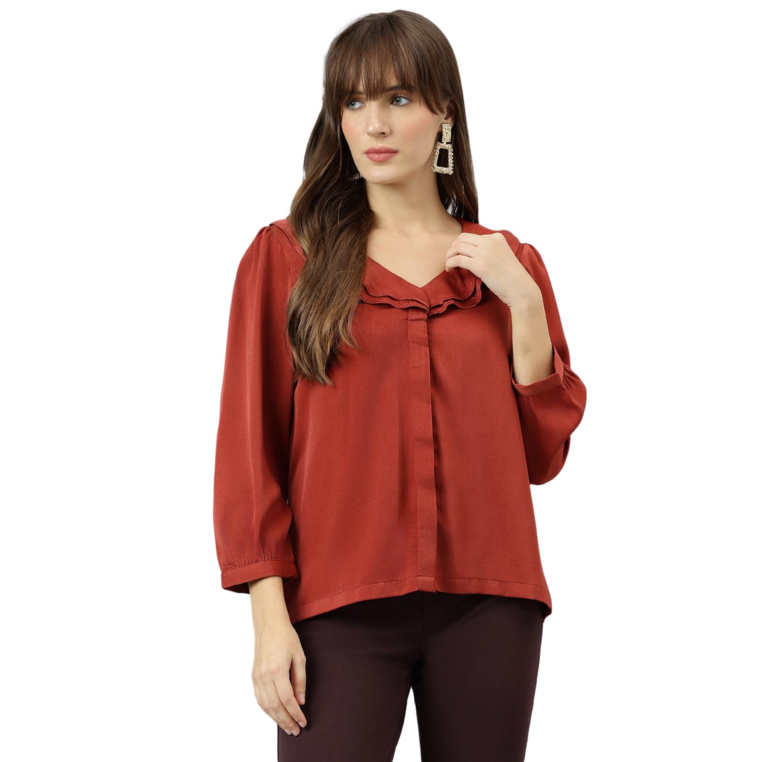 latin quarters Women Rust V-Neck Three-Quarter Sleeves Solid Top for Casual Wear-picture-44