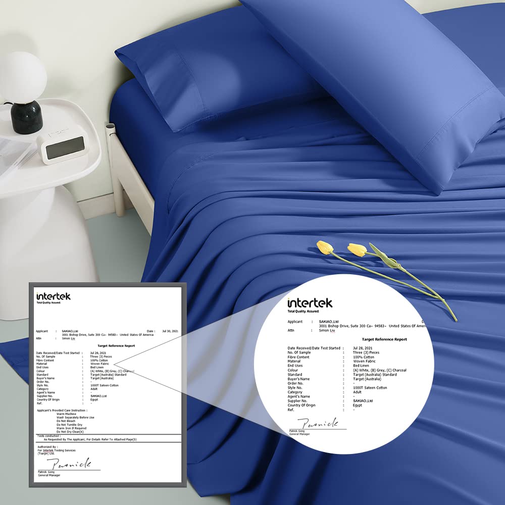 Set di lenzuola in 100% cotone egiziano, per letto matrimoniale, 1000 fili, lussuose lenzuola pesanti, molto lisce, morbide, con tasca profonda 45,7 cm, set da 4 pezzi (blu oceano, queen size)
