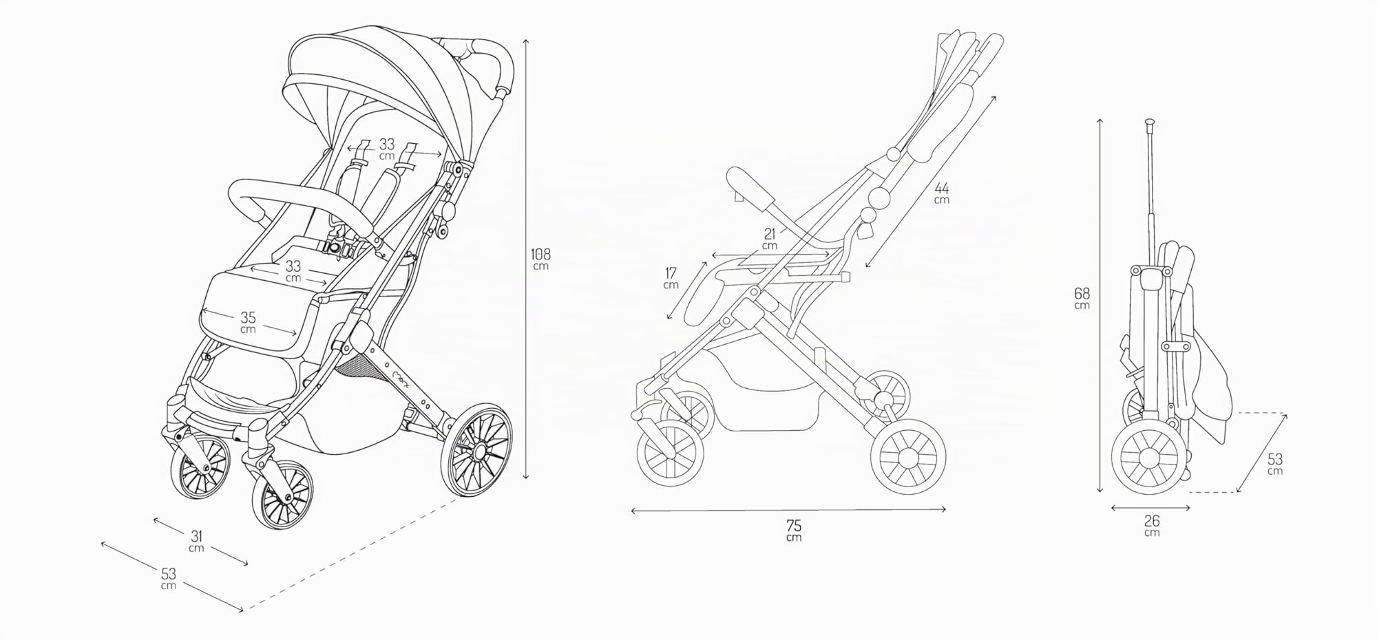 MoMi ESTELLE LIGHT PLUS Passeggino a partire da 6 mesi (fino a 22 kg), pieghevole con cintura di sicurezza a 5 punti, cestino porta spesa e funzione di apertura, manico telescopico per il traino