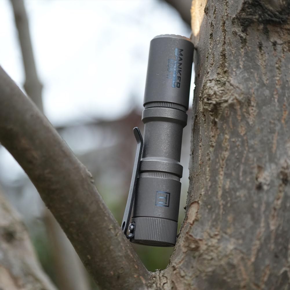 MANKER E05 II (Ti-Stonewashed, Cool White Version, 6500K) Compact Flashlight, High Density 1300 Lumens White LED Emitters, Power by 14500 Battery or AA Battery (No Filter)