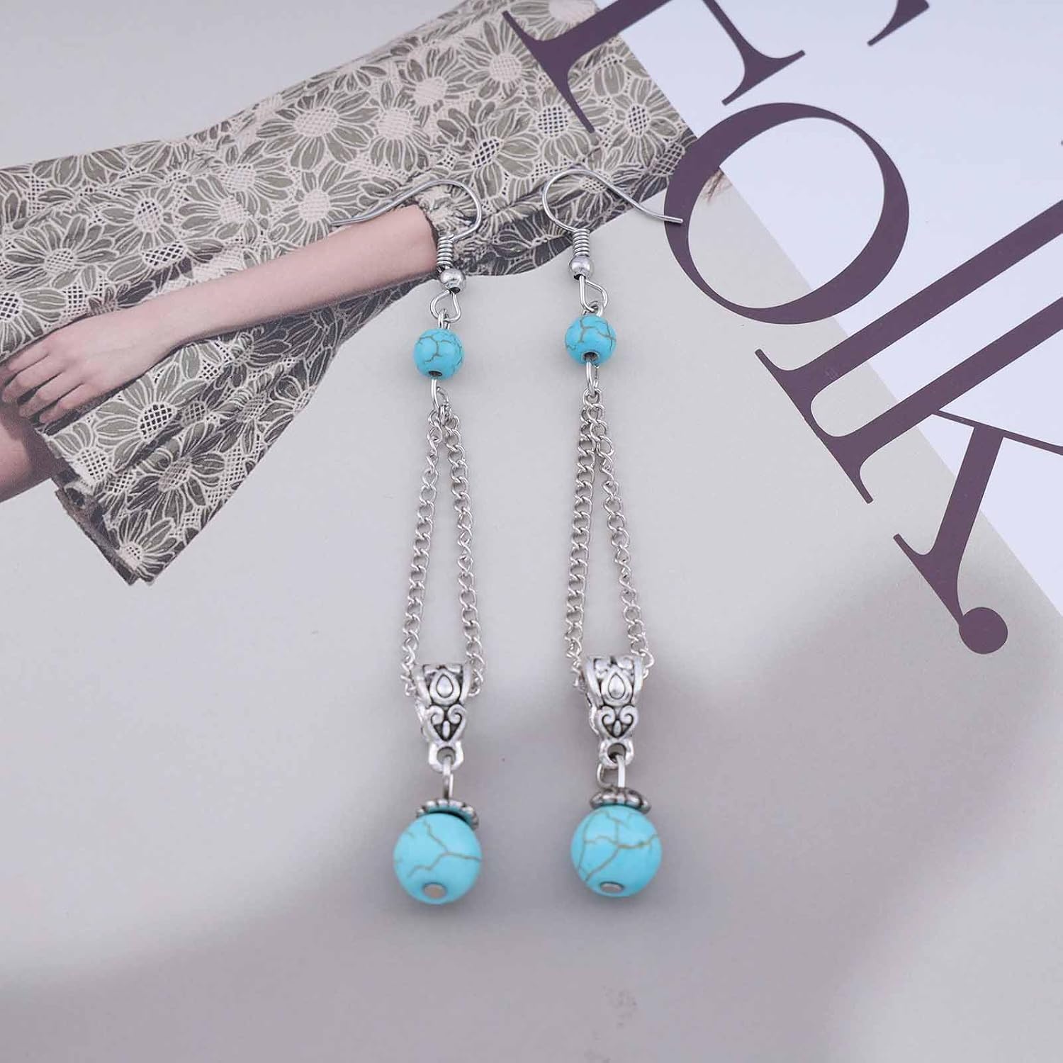 Boho Long Turquise Dangle Earrings Turquoise Beaded Hook Earrings Silver Blue Turqoise Drop Earrings Round Turqouise Stone Earrings Vintage Earrings Jewelry for Women - Image 3
