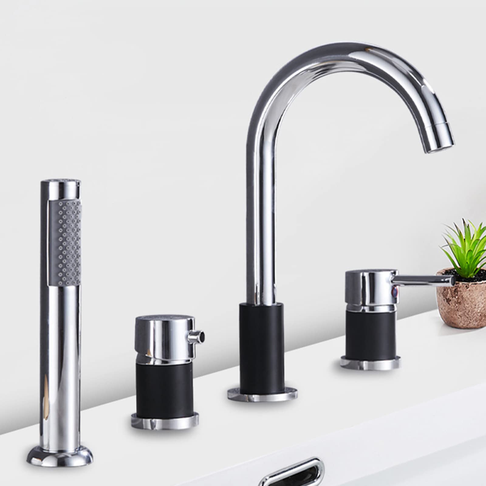 Mischbatterie für Badewanne und Dusche, 4 Wasserhahnlöcher, für heiße und kalte Wasserhähne, ausziehbar, für Badezimmer, modernes Design, Schwarz und Chrom