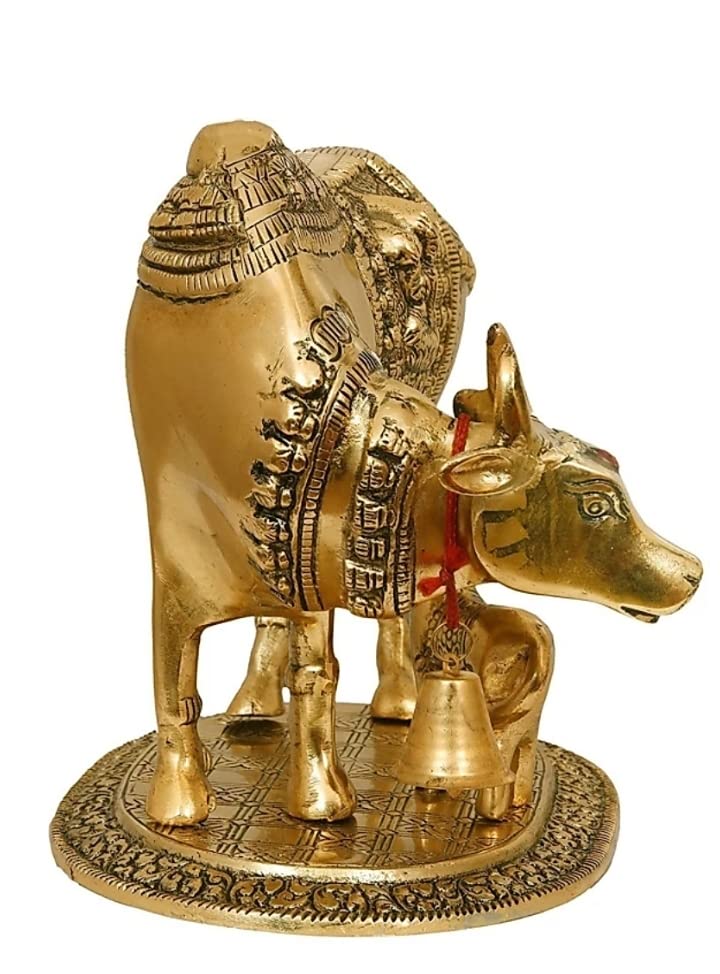 Image of Sheela Handcrafted Brass Golden Kamdhenu Cow with Calf, Vastu Gau MATA Idol, Spiritual Vastu Nandi Pooja Figurine Sculpture, Kamdhenu Cow & Calf Idol for Home and Office