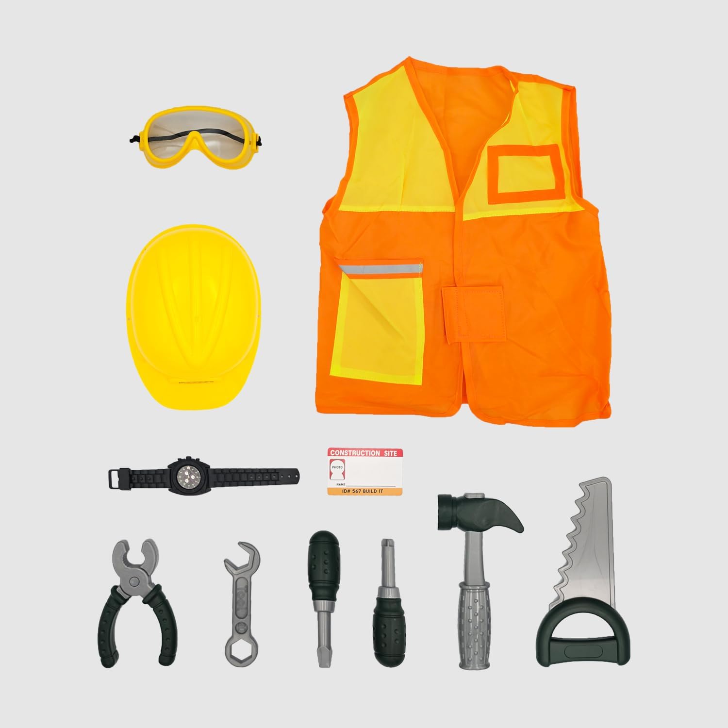 Kids Construction Worker Costume & 10-Piece Tool Kit, Junior Engineer Role Play Set with Hard Hat, Reflective Vest, Saw, Hammer & Pliers, STEM Learning Pretend Play Toys for Boys & Girls Age