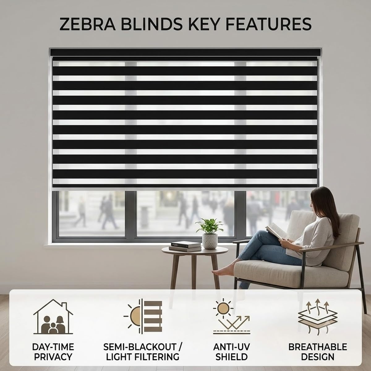 Tenda a Rullo Zebra per Interni con Catenella Laterale, 40-165cm | Tende Giorno e Notte Traslucida Doppio Tessuto, Installazione con Fori per Salotto e Casa(White,65W x 200H cm)